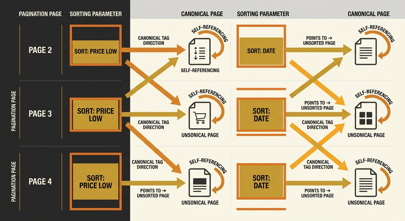 infographic showing a matrix of pagination URLs versus sorting parameters, with arrows indicating correct canonical tag direction — sorted pages pointing to unsorted equivalents, each unsorted page se