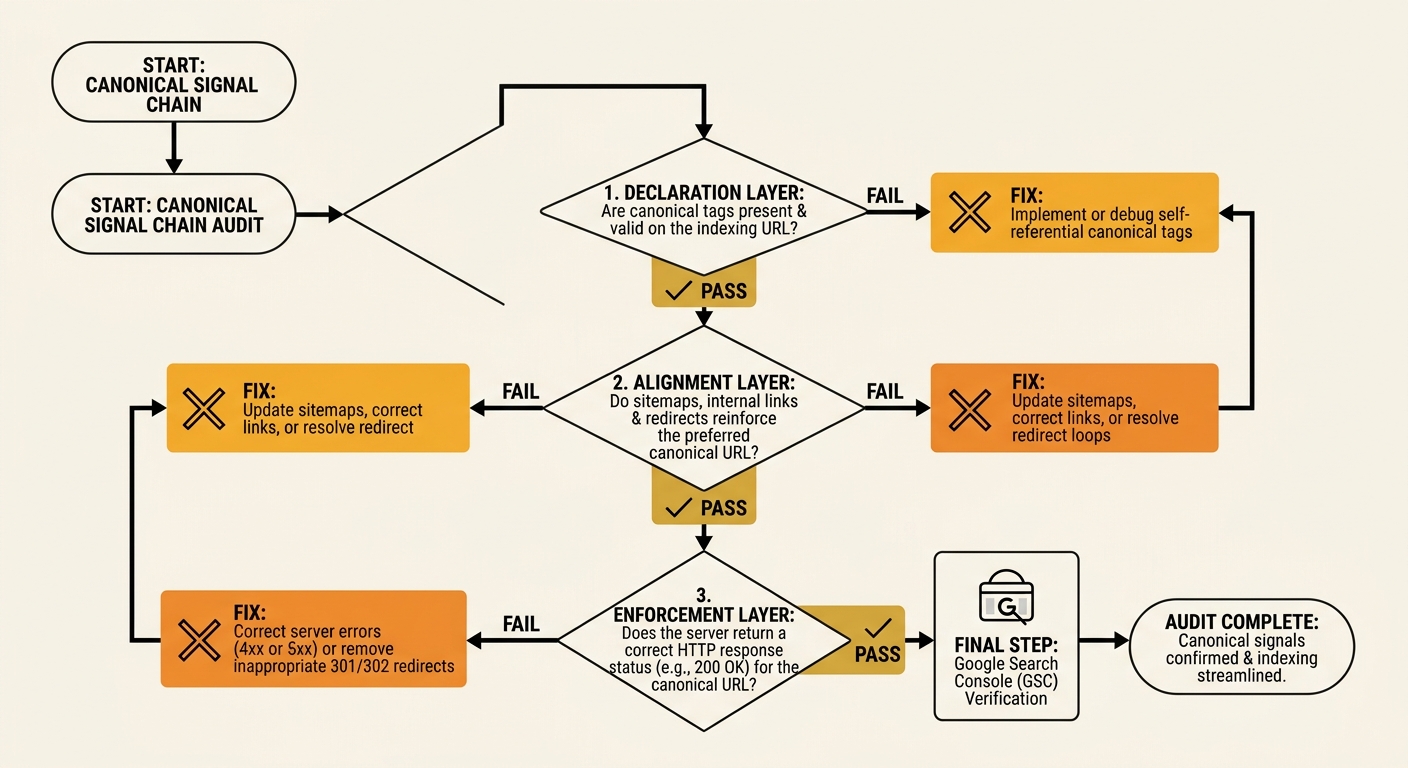 Flowchart of the Canonical Signal Chain audit process showing three sequential decision boxes for Declaration, Alignment, and Enforcement layers, with pass and fail branches at each layer leading to s