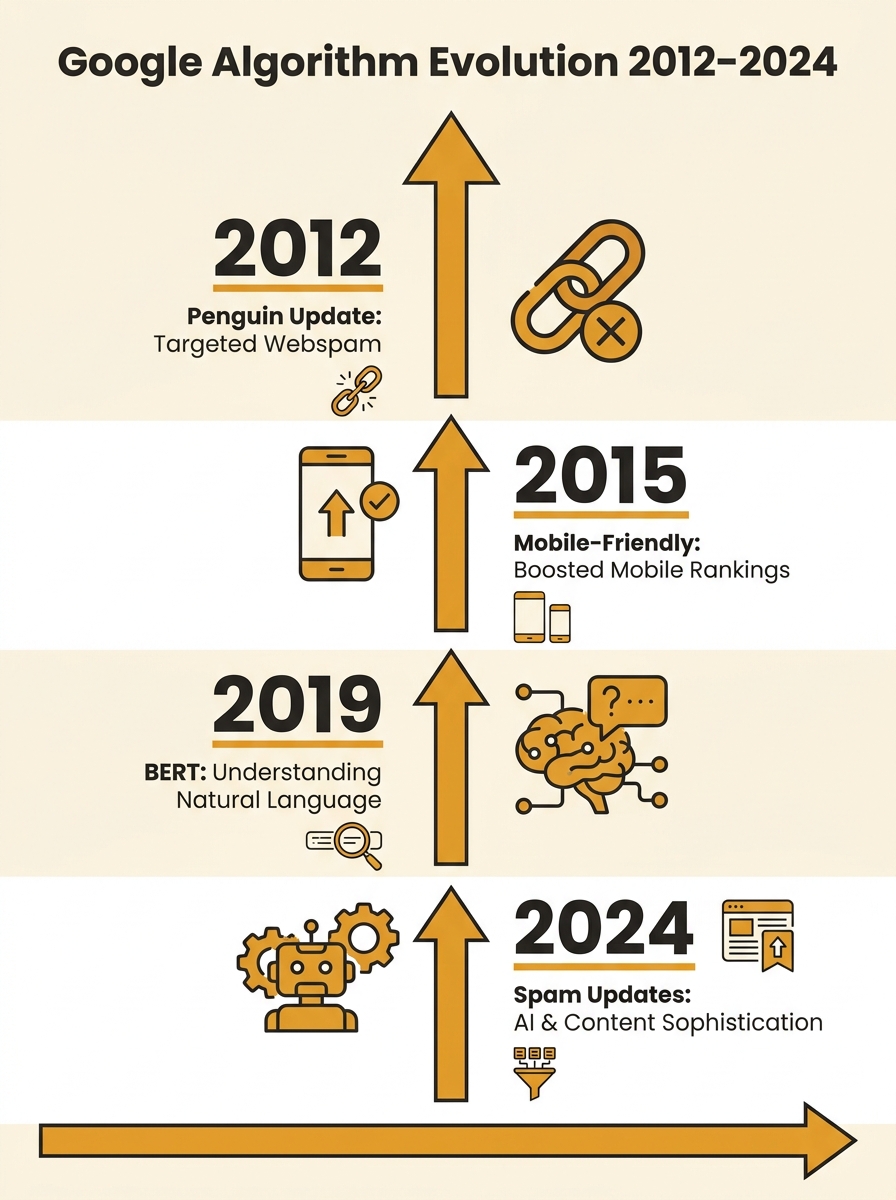 Timeline infographic showing Google algorithm updates from 2012 Penguin through 2024 spam updates, with markers showing increasing penalty sophistication and specific impact on link manipulation tacti