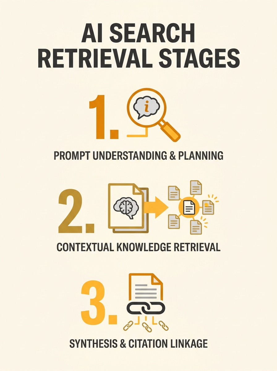 diagram showing AI search retrieval stages from prompt analysis through citation generation