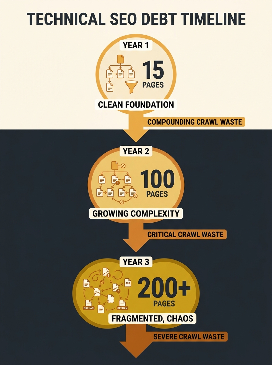 Infographic showing how technical SEO debt accumulates over time, with a timeline from Year 1 (15 pages, clean structure) to Year 3 (200 pages, fragmented URLs, redirect chains, orphaned pages), with 