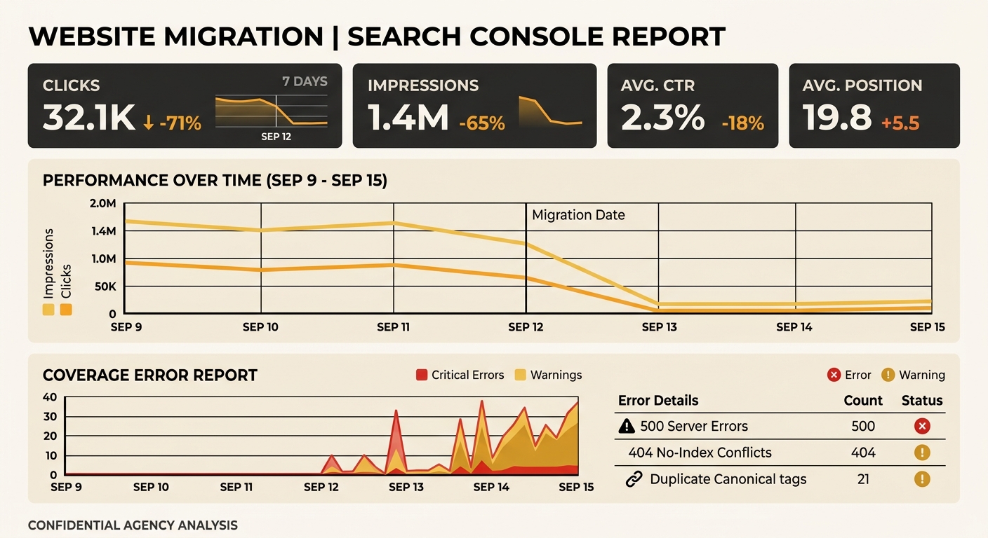 A Google Search Console dashboard showing a sharp decline in search impressions and clicks over a 7-day period following a website migration, with error spikes visible in the coverage report