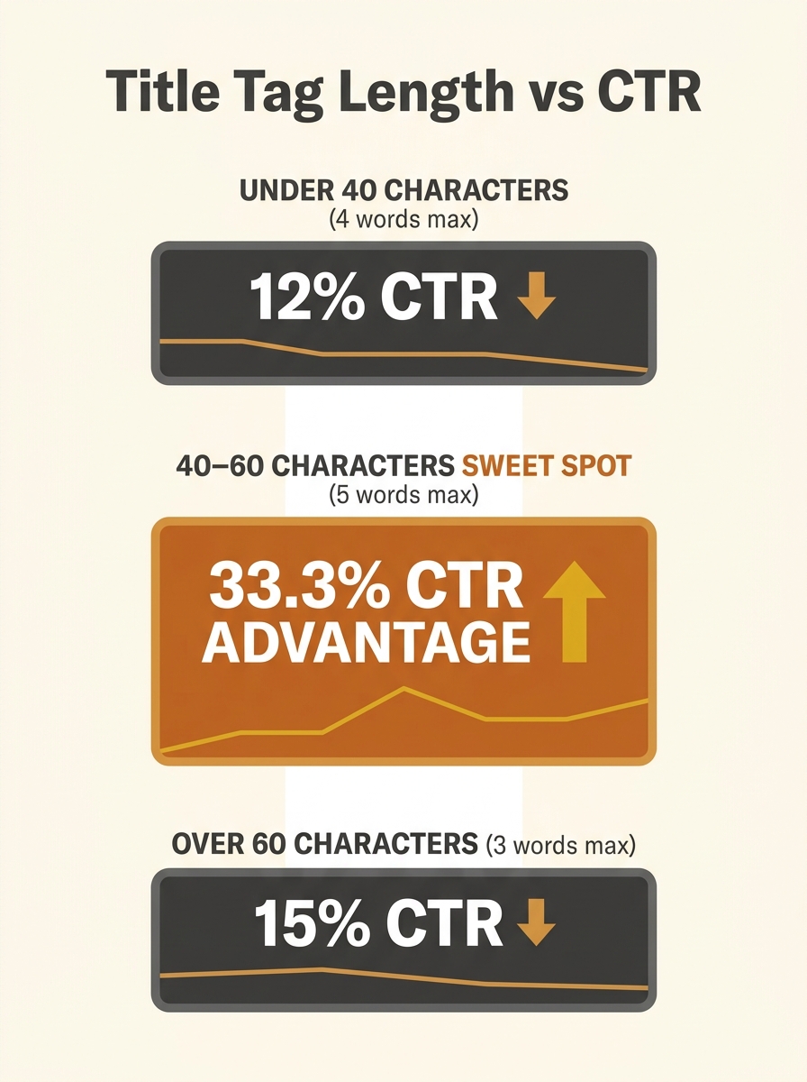 Infographic comparing title tag character length ranges (under 40 chars, 40–60 chars, over 60 chars) with corresponding CTR percentages, showing the 33.3% CTR advantage of the 40–60 character sweet sp