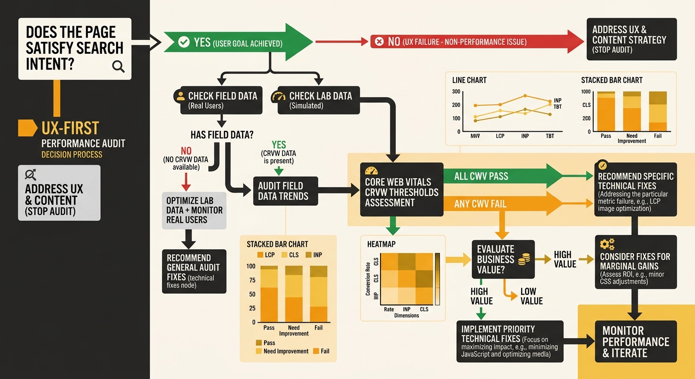 A flowchart showing the UX-first performance audit decision process, starting with "Does the page satisfy search intent?" then branching through field data checks, CWV threshold pass/fail assessment, 