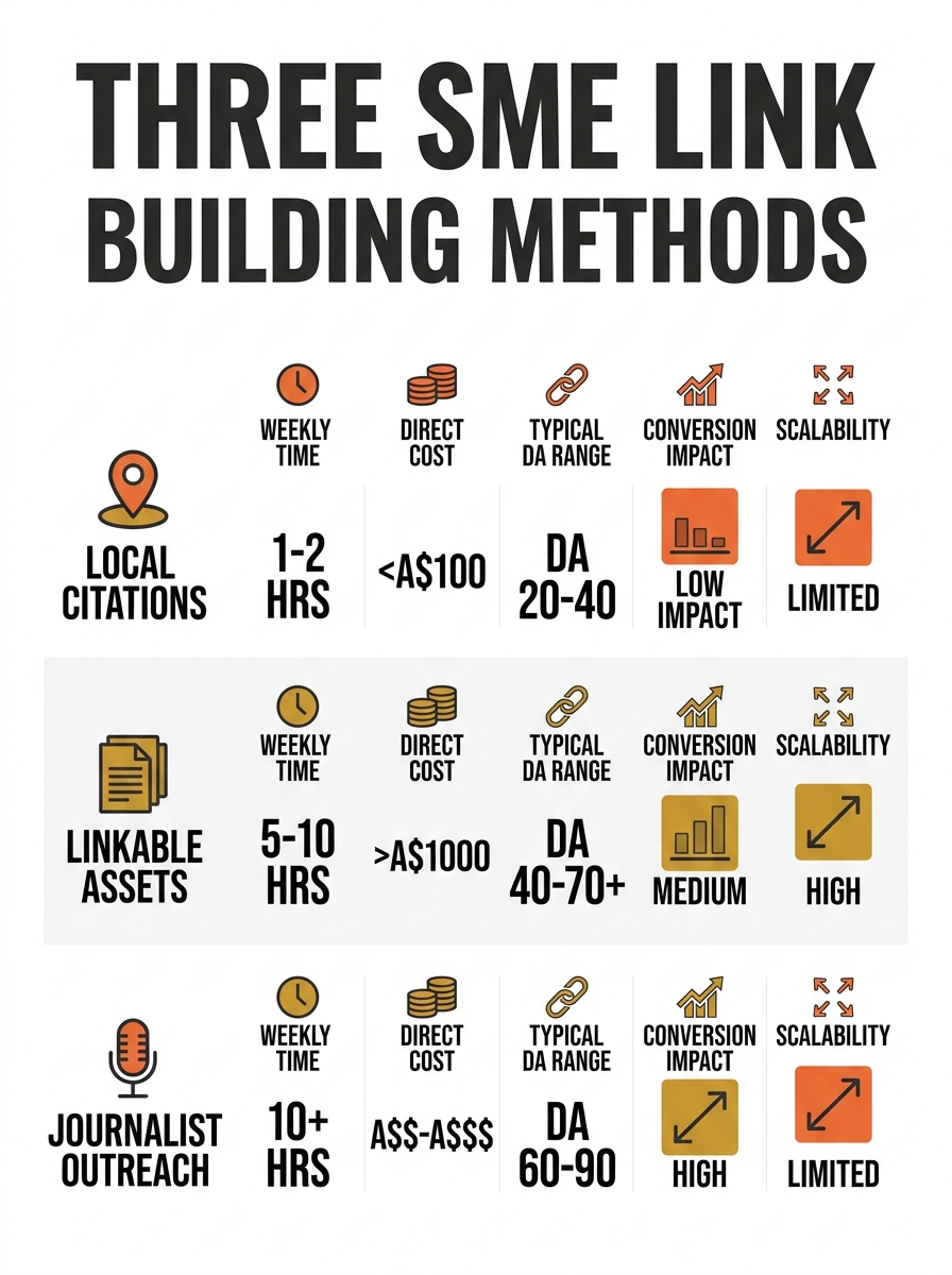 Infographic showing a comparison table of three link building methods for Australian SMEs: Local Citations, Linkable Assets, and Journalist Outreach, compared across columns for weekly time investment