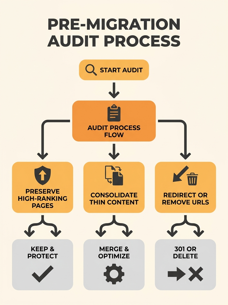 A flowchart showing the pre-migration audit process with three decision branches: preserve high-ranking pages, consolidate thin content, and redirect or remove low-value URLs