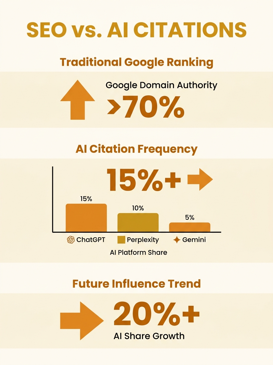 Dashboard showing traditional Google ranking metrics contrasted with AI citation frequency across ChatGPT, Perplexity, and Gemini platforms