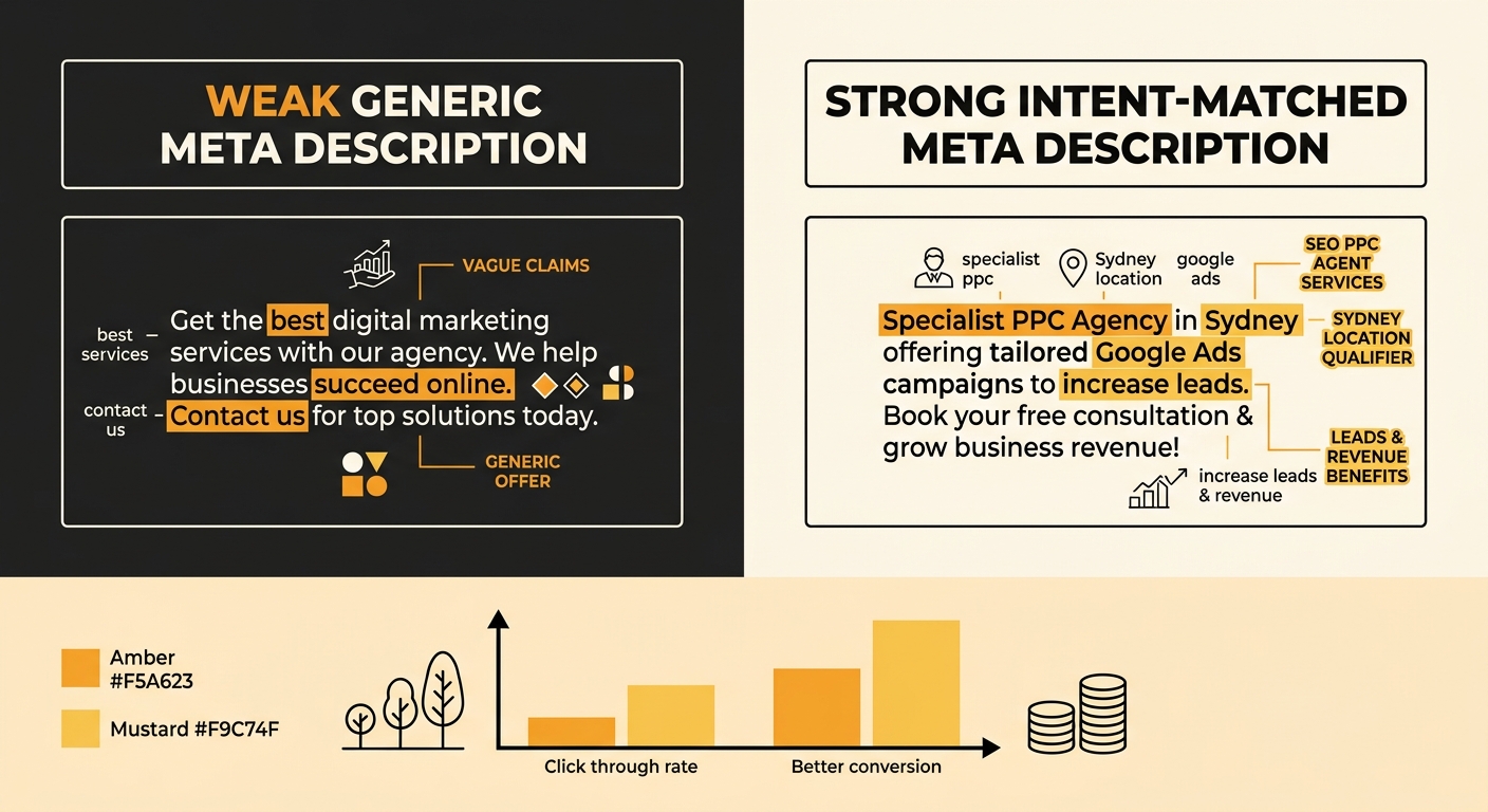 Side-by-side comparison showing a weak generic meta description versus a strong intent-matched meta description, with annotations highlighting specific service, location qualifier, and concrete benefi