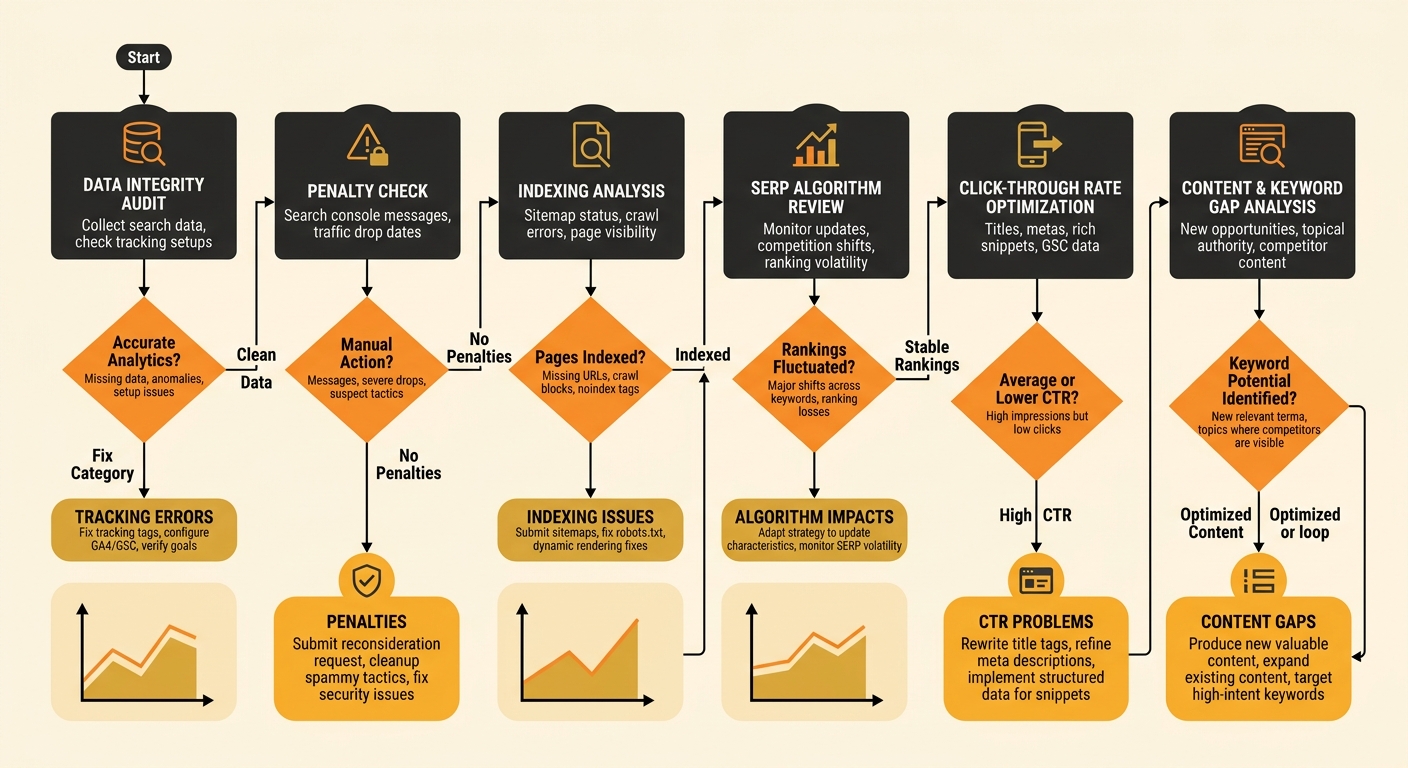 Flowchart diagram showing the six-step manual SEO debugging workflow with branching decision points at each step, leading to different fix categories including tracking errors, penalties, indexing iss