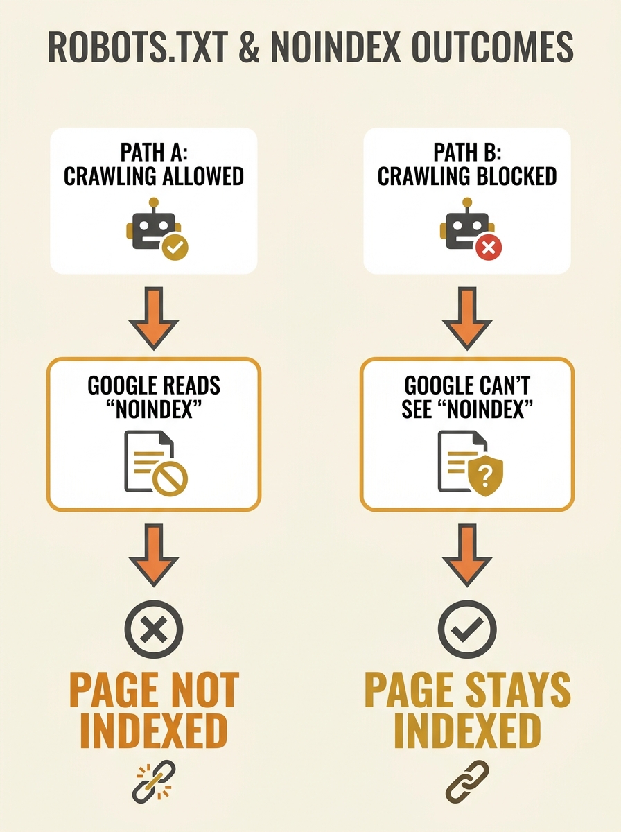 A flowchart showing two parallel paths — one where robots.txt allows crawling and Google reads the noindex tag successfully, and another where robots.txt blocks crawling so Google never sees the noind