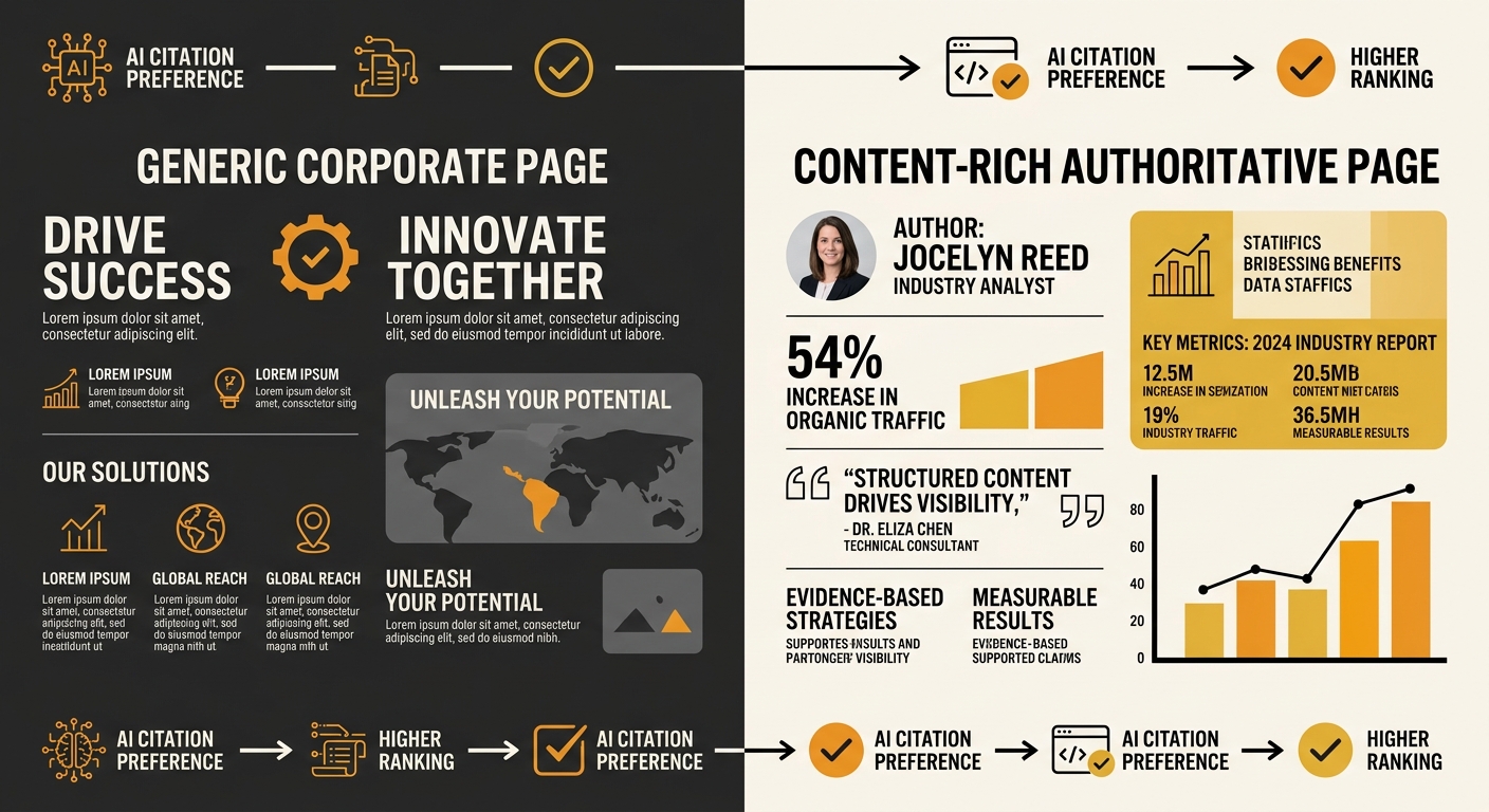 Split comparison showing a generic corporate service page with vague marketing copy on one side, and a content-rich page with named author, statistics, expert quotes, and clear claims on the other, wi