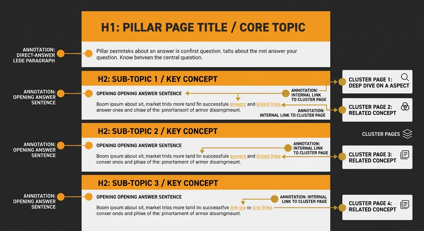 diagram showing a pillar page layout with annotations pointing to the direct-answer lede paragraph at top, H2 section headings with their own opening answer sentences, and internal links to cluster pa