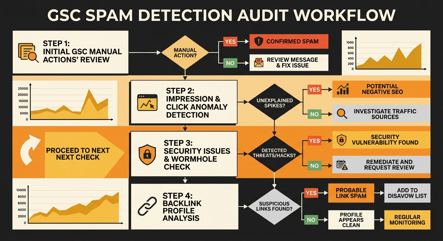 infographic showing the four-step GSC spam detection audit workflow as a decision tree, with each check branching into spam-related or non-spam outcomes and corresponding next actions