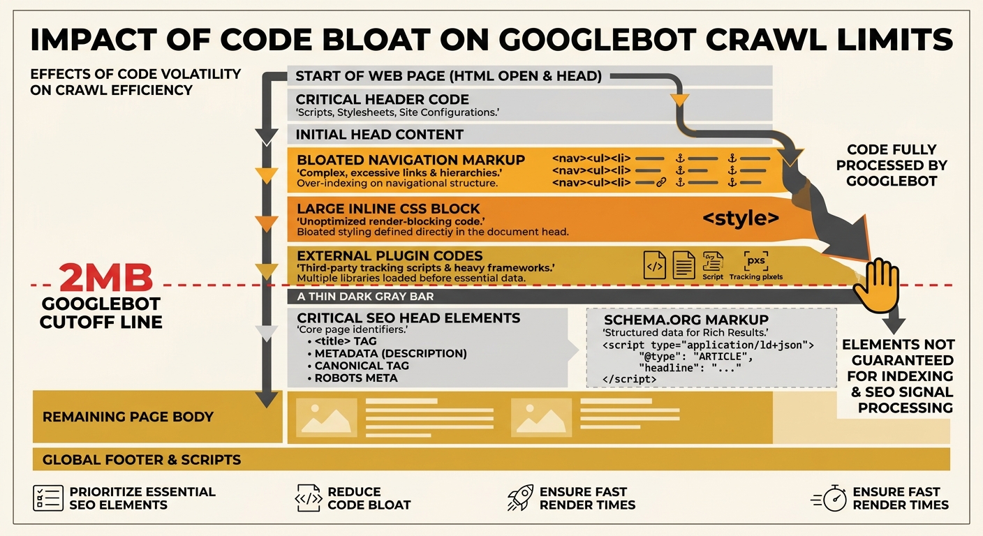 Diagram showing a webpage's HTML structure with a 2MB cutoff line, illustrating how bloated navigation markup, inline CSS, and plugin code push critical SEO elements like meta tags, schema, and canoni