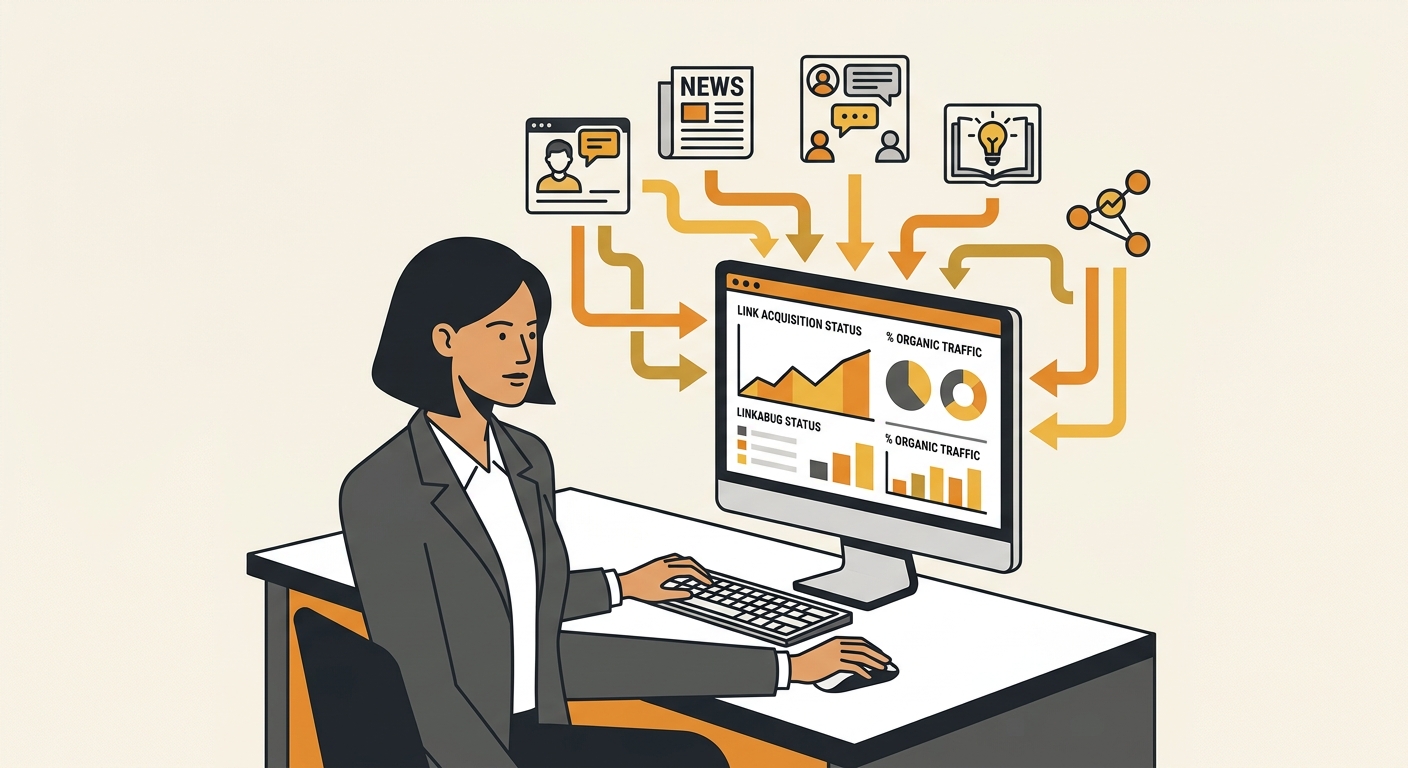 Illustration of a small business owner at a desk creating a data report on their computer, with icons representing incoming backlinks flowing toward the report from various website symbols, conveying 