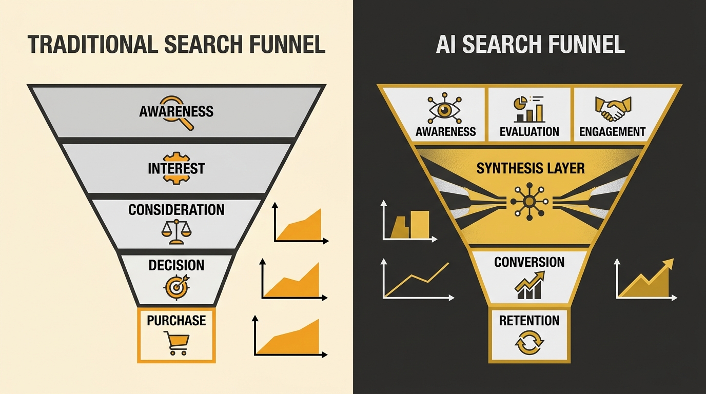 side-by-side comparison of traditional search funnel versus AI search funnel showing synthesis layer