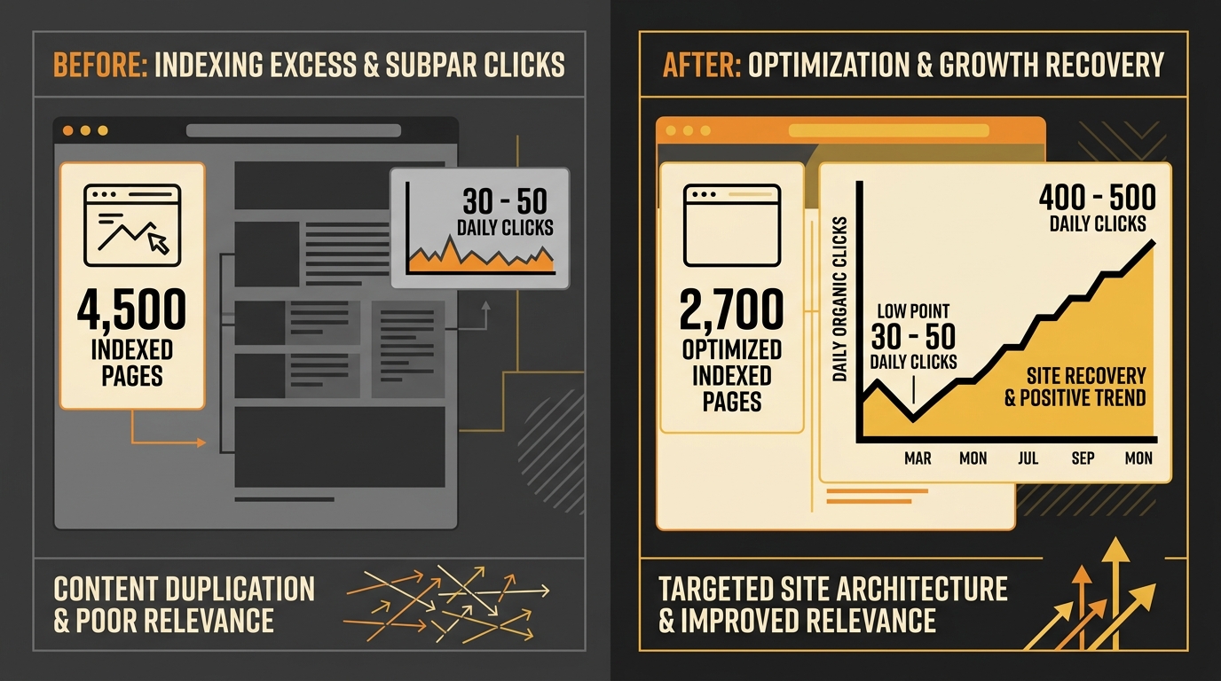 before-and-after comparison showing an e-commerce site with 4500 indexed pages dropping to 2700 pages, alongside a line graph showing daily organic clicks recovering from a low of 30 to 50 clicks up t
