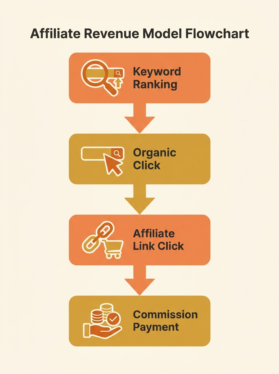 A simplified flowchart showing the traditional affiliate revenue model — keyword ranking leads to organic click, which leads to affiliate link click, which leads to commission payment — with each step