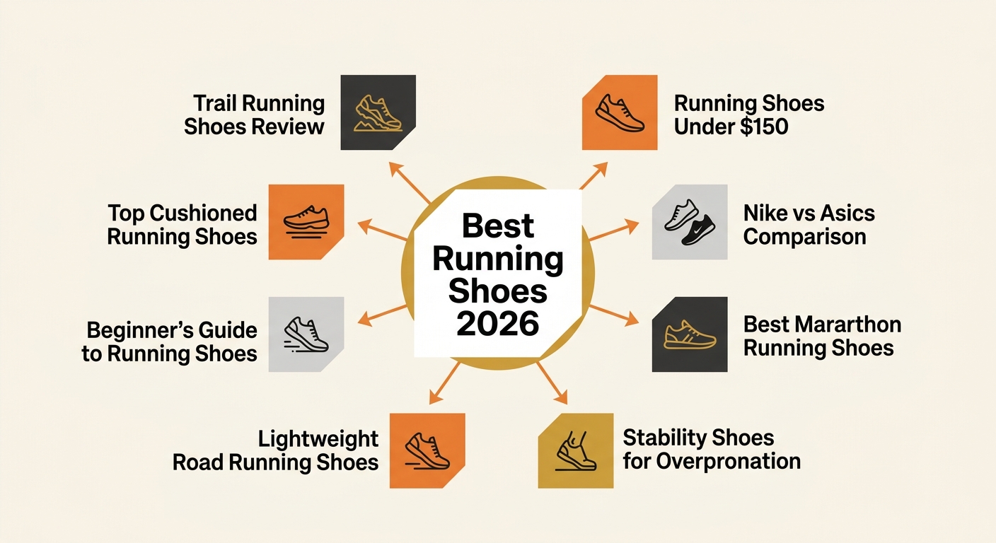 a diagram showing a topic cluster for an affiliate site, with a central pillar page labelled "Best Running Shoes 2026" connected by arrows to eight cluster pages like "Trail Running Shoes Review," "Ru