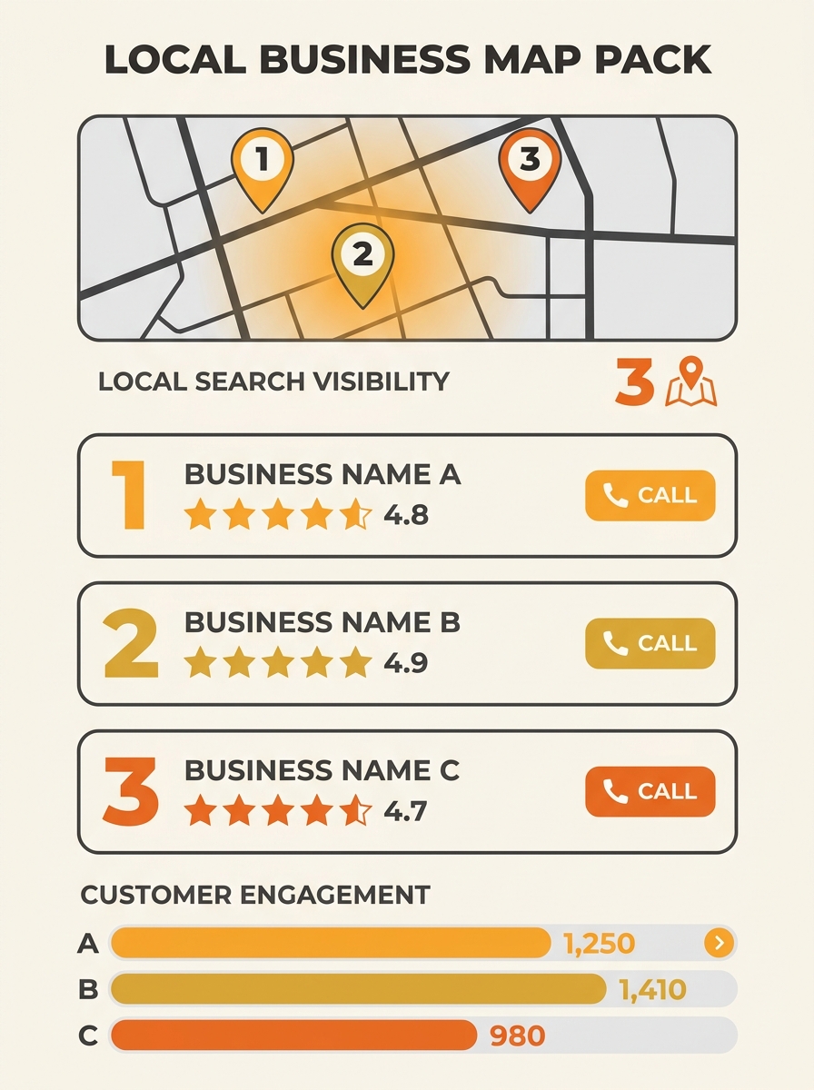 Google Map Pack showing three local business listings with map overlay