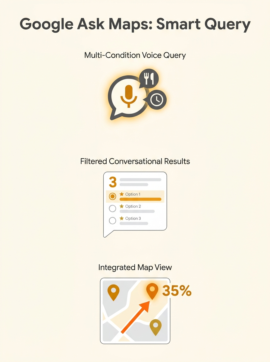 Google Ask Maps conversational interface showing multi-condition query results with map integration
