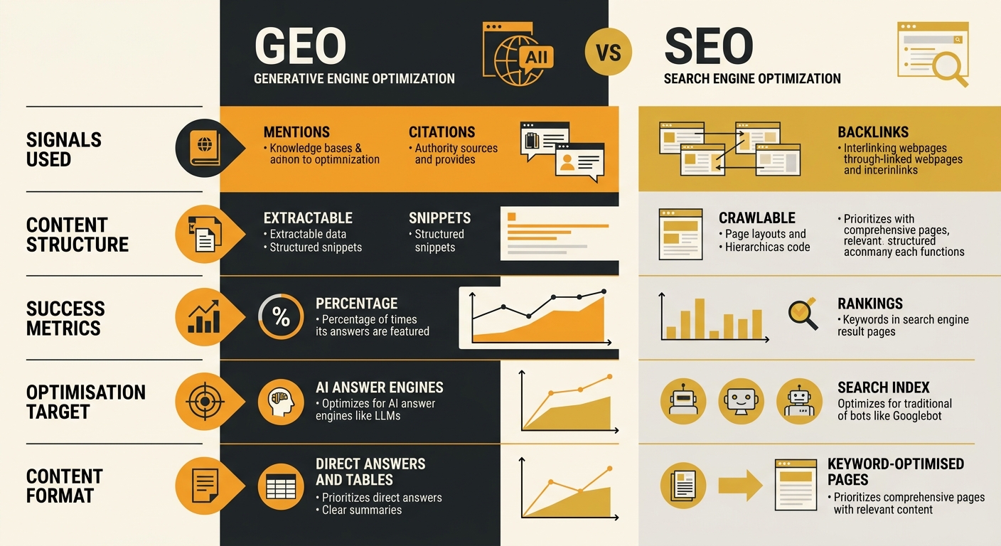 An infographic comparing GEO vs SEO across five dimensions — signals used (mentions vs backlinks), content structure (extractable vs crawlable), success metrics (citations vs rankings), optimisation t