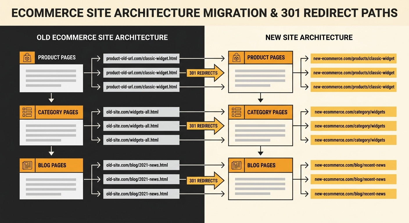 side-by-side comparison diagram showing an old ecommerce site architecture on the left with URLs mapped via arrows to a new site architecture on the right, illustrating 301 redirect paths for product,