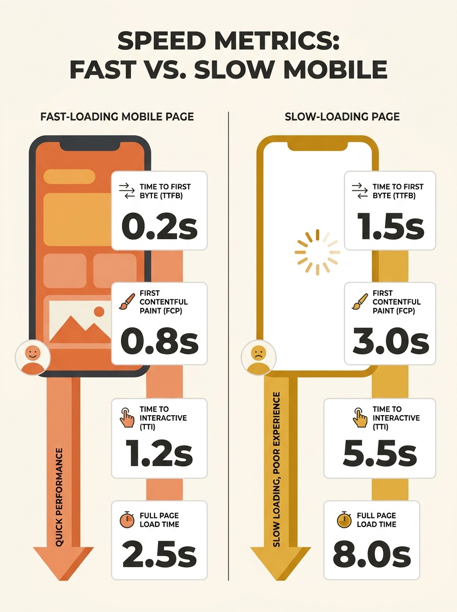Split-screen comparison showing fast-loading mobile page with visible content versus slow-loading page with blank screen, overlaid with the four speed metrics Time to First Byte, First Contentful Pain
