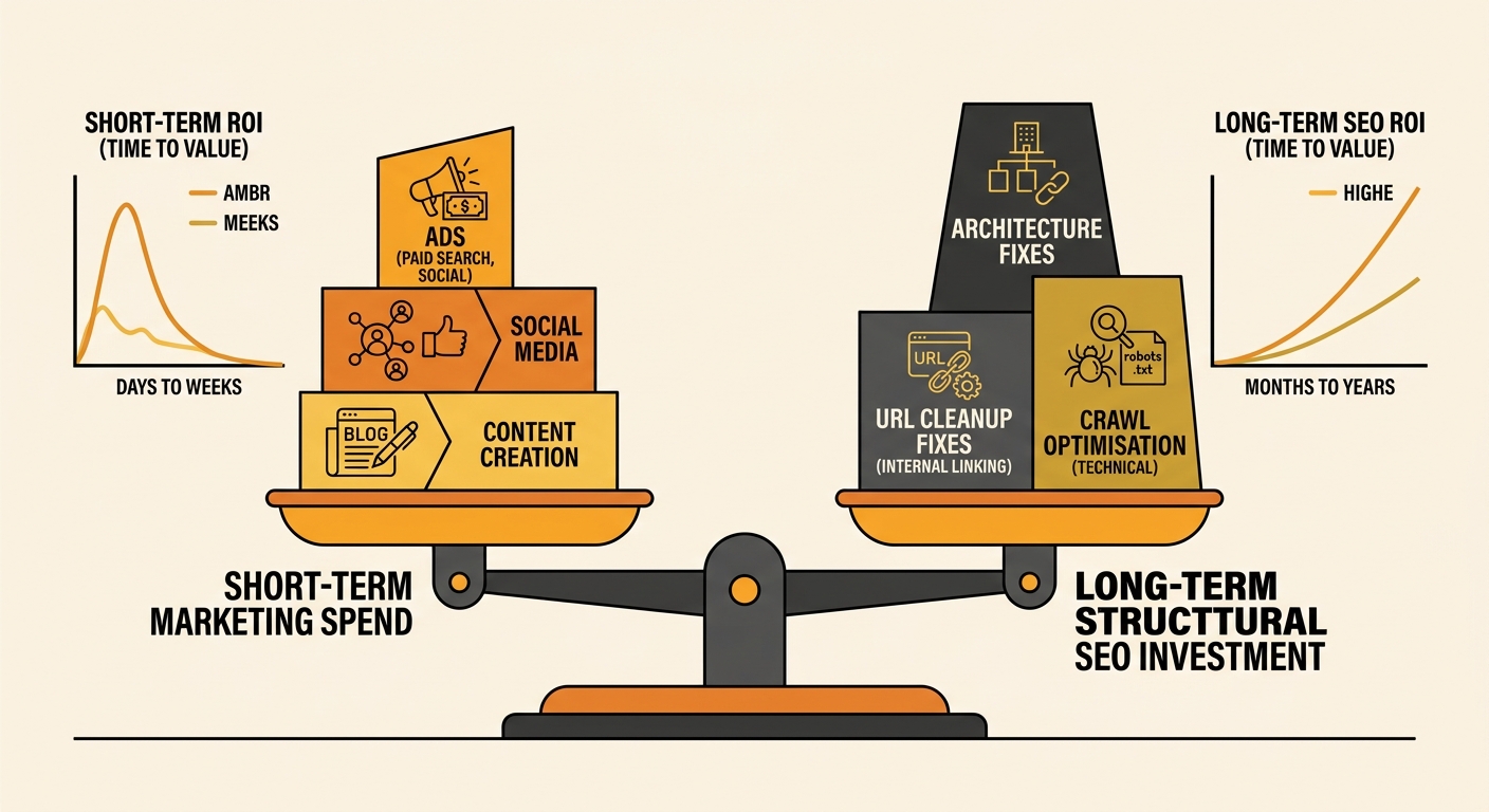 A balance scale illustration comparing short-term marketing spend (ads, social media, content creation) on one side against long-term structural SEO investment (architecture fixes, URL cleanup, crawl 
