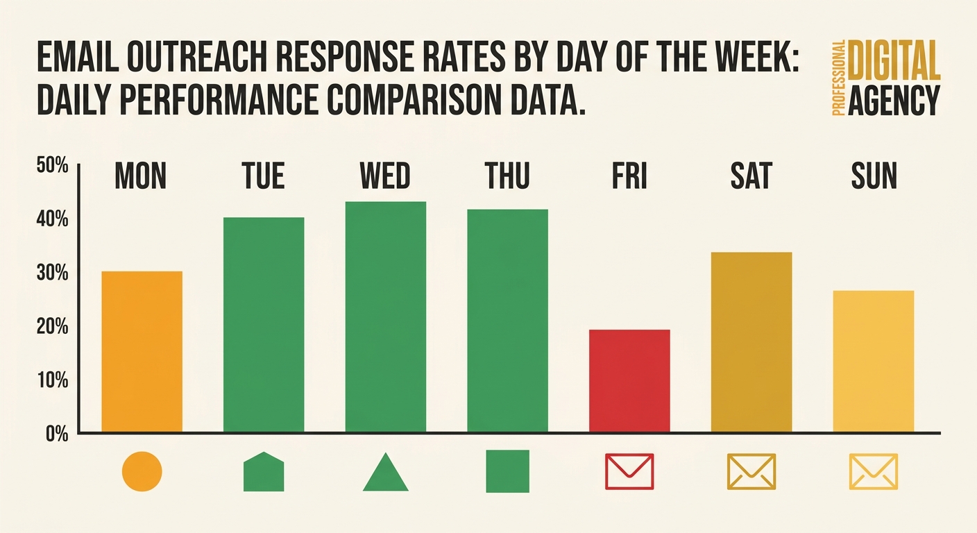 a comparison bar chart showing outreach email response rates by day of the week, with Tuesday, Wednesday, and Thursday highlighted in green as the highest-performing days, and Friday shown in red as t