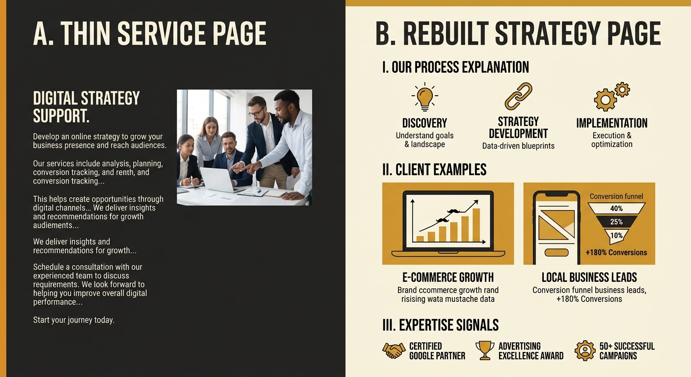 side-by-side comparison of a thin service page with 200 words and a stock photo versus a rebuilt page with process explanation, client examples, and detailed expertise signals