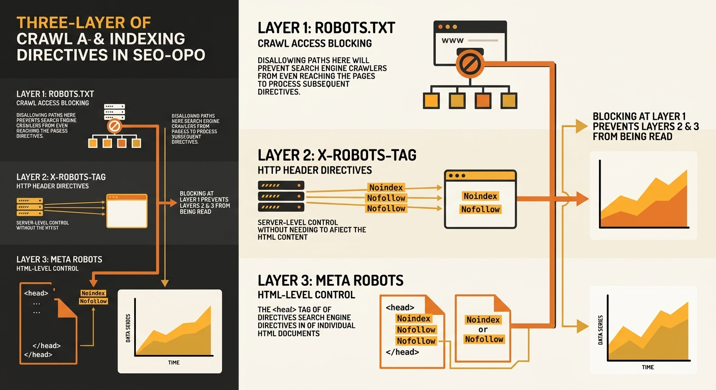 An infographic showing the three-layer hierarchy of crawl and indexing directives — robots.txt at the top blocking access, X-Robots-Tag in the middle controlling indexing at the header level, and meta
