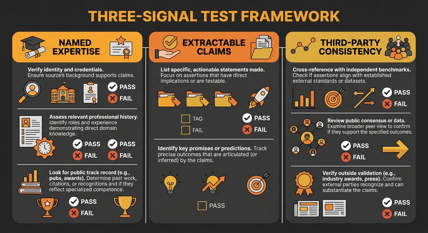 A three-column checklist diagram showing the Three-Signal Test framework with Named Expertise, Extractable Claims, and Third-Party Consistency as columns, each containing two to three specific audit q