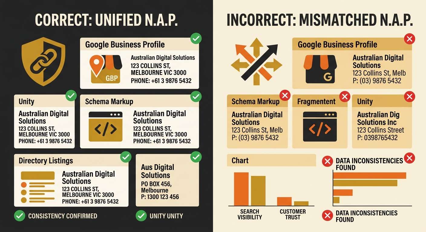 a side-by-side comparison showing correct NAP implementation where schema markup, Google Business Profile, and directory listings display identical business details versus an incorrect version with mi