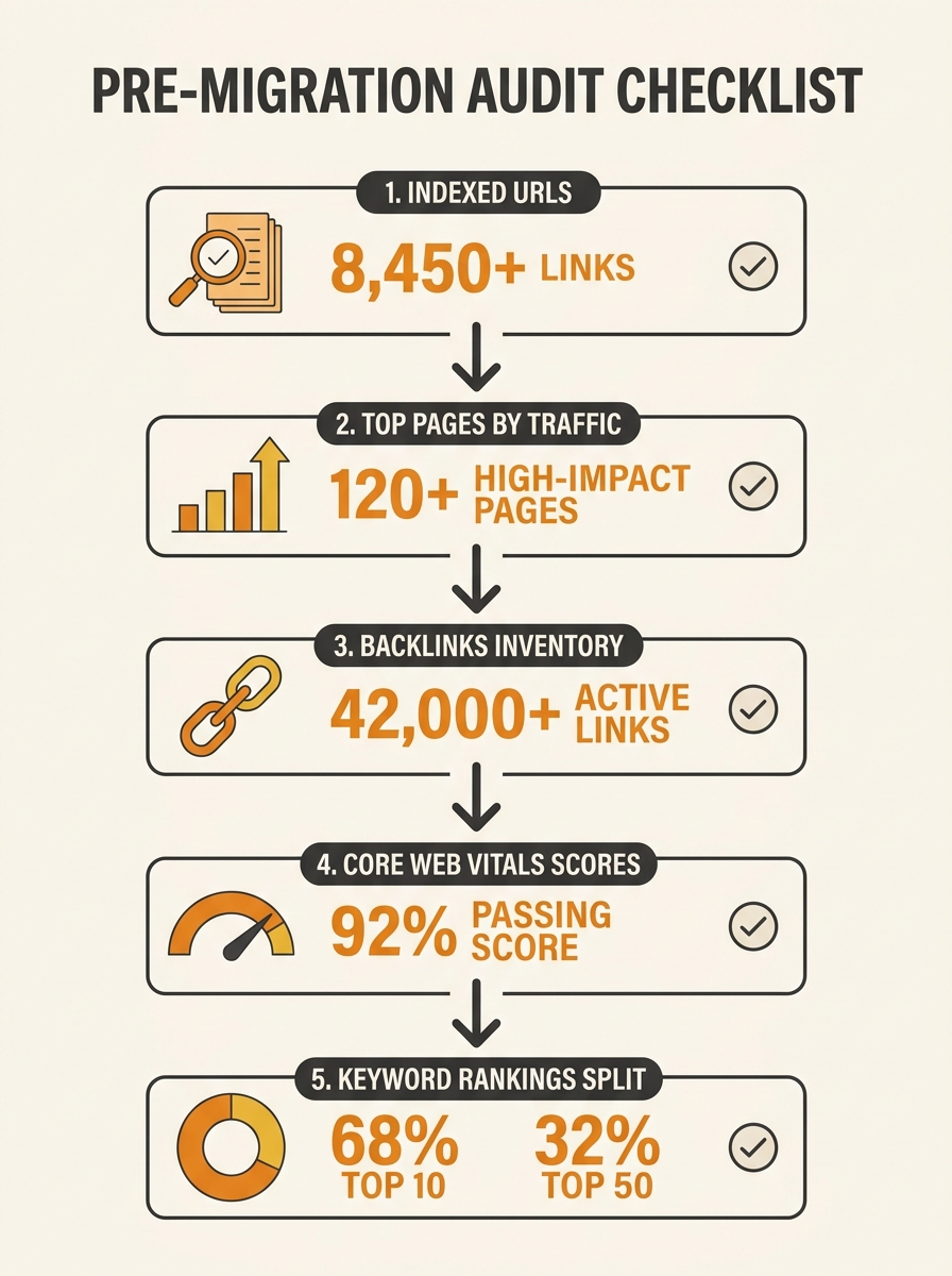 an infographic showing a pre-migration audit checklist with five categories - indexed URLs, top pages by traffic, backlinks inventory, Core Web Vitals scores, and keyword rankings split - arranged as