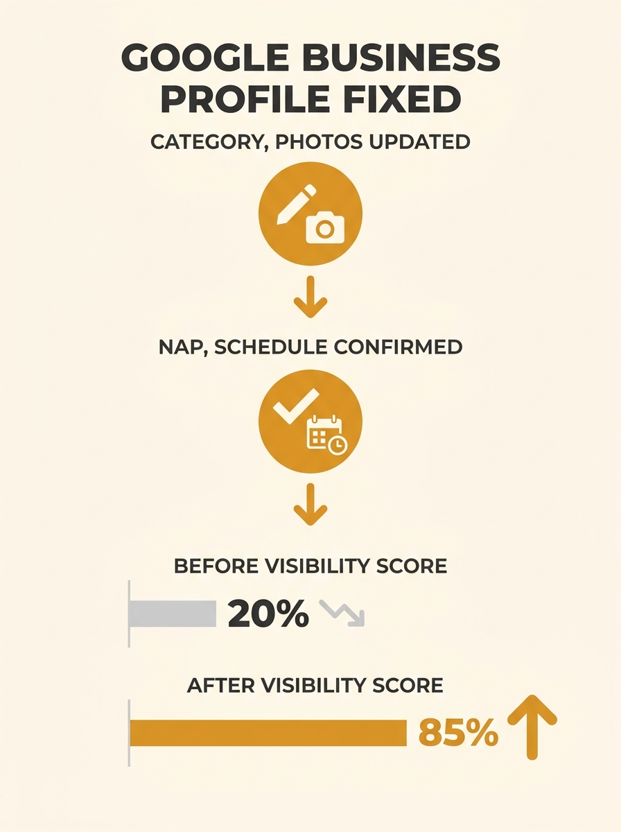infographic showing the step-by-step Google Business Profile fixes applied, including category correction, photo uploads, NAP consistency checks, and weekly posting schedule, with before-and-after vis