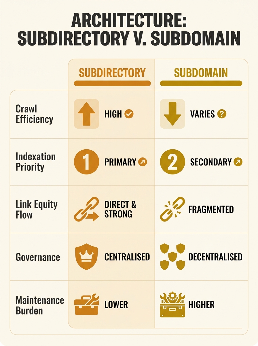 A side-by-side comparison table showing subdirectory versus subdomain architecture with crawl efficiency, indexation priority, link equity flow, governance, and maintenance burden columns highlighted 