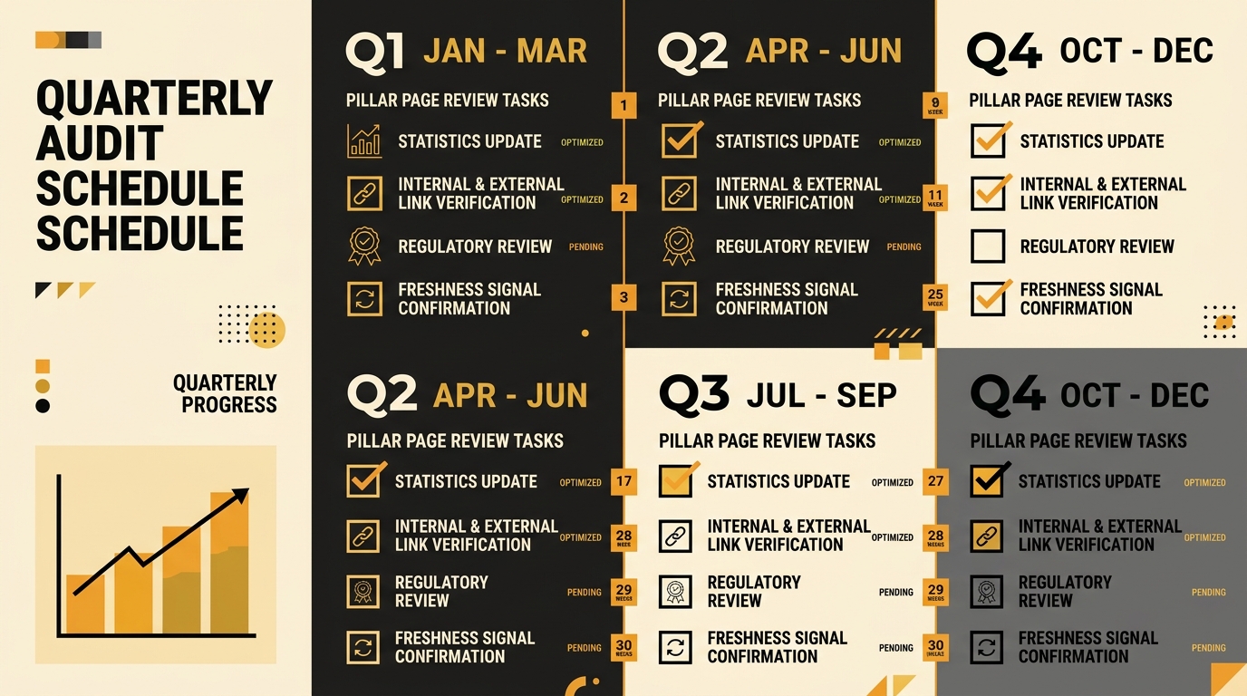 a calendar-style visual showing a quarterly audit schedule with checkboxes for pillar page review tasks including statistics update, internal and external link verification, regulatory review, and fre