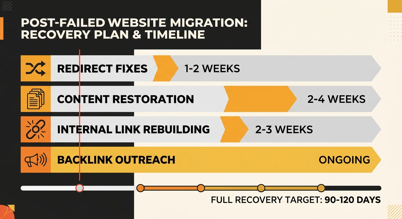 An infographic showing four parallel recovery tracks after a failed website migration — redirect fixes taking 1-2 weeks, content restoration taking 2-4 weeks, internal link rebuilding taking 2-3 weeks