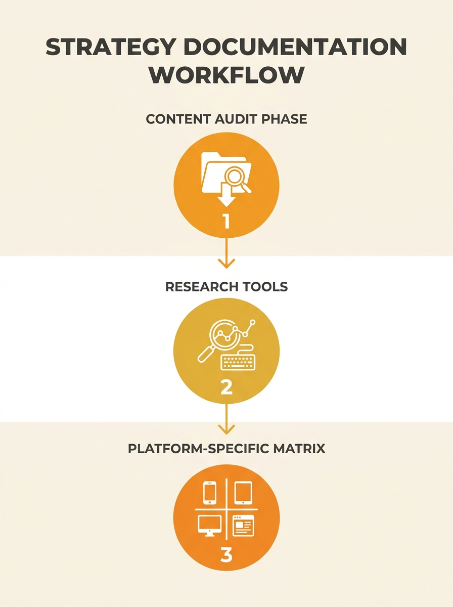 Content strategy documentation workflow showing audit phase, research tools, and platform-specific format matrix