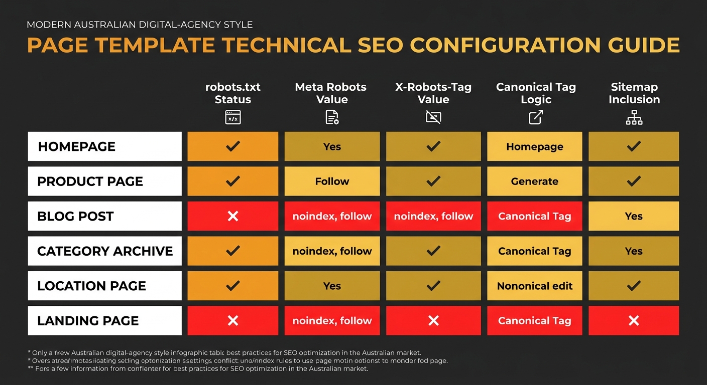 A comparison table with rows for six common page template types (homepage, product page, blog post, category archive, location page, landing page) and columns for robots.txt status, meta robots value,