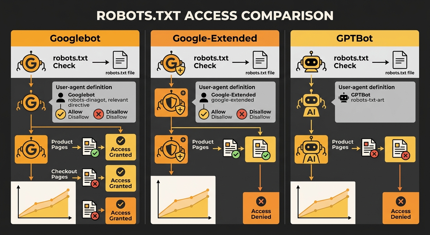 A comparison diagram showing three bot types (Googlebot, Google-Extended, GPTBot) each checking robots.txt independently, with different access outcomes depending on how User-agent rules are configure