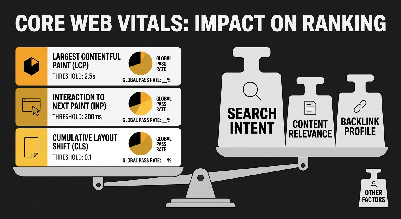An infographic showing the three Core Web Vitals metrics (LCP at 2.5s threshold, INP at 200ms threshold, CLS at 0.1 threshold) with their global pass rates, positioned as a small weight on a scale aga