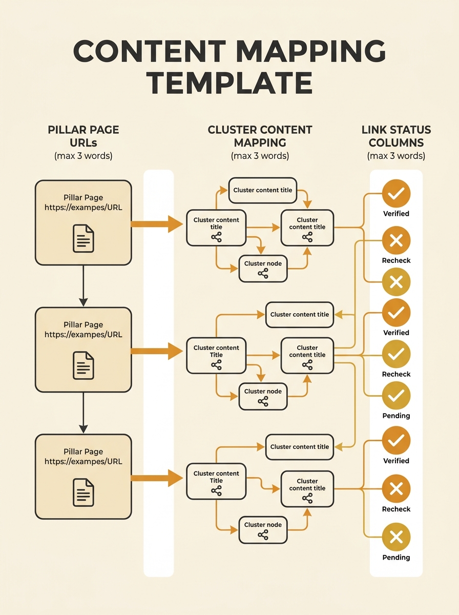 Spreadsheet template showing pillar page URLs mapped to cluster content with link status columns