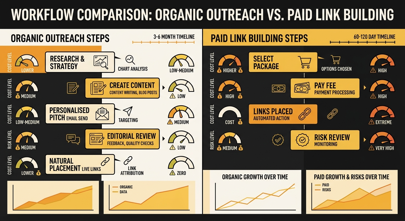 Comparison diagram showing two parallel workflows side by side: organic outreach steps (research, create content, personalised pitch, editorial review, natural placement, 3-6 month timeline) versus pa