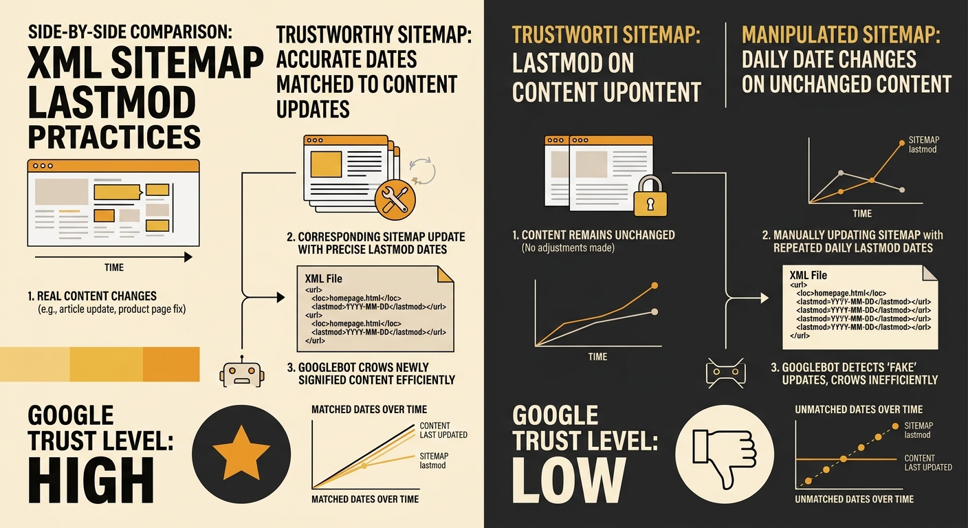 side-by-side comparison showing a trustworthy XML sitemap with accurate lastmod dates matched to real content updates versus a manipulated sitemap with daily date changes on unchanged content, with Go