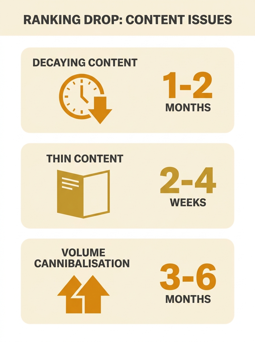 infographic comparing three types of content problems causing ranking drops — content decay, thin content, and volume cannibalisation — with diagnostic signals and estimated fix timelines for each