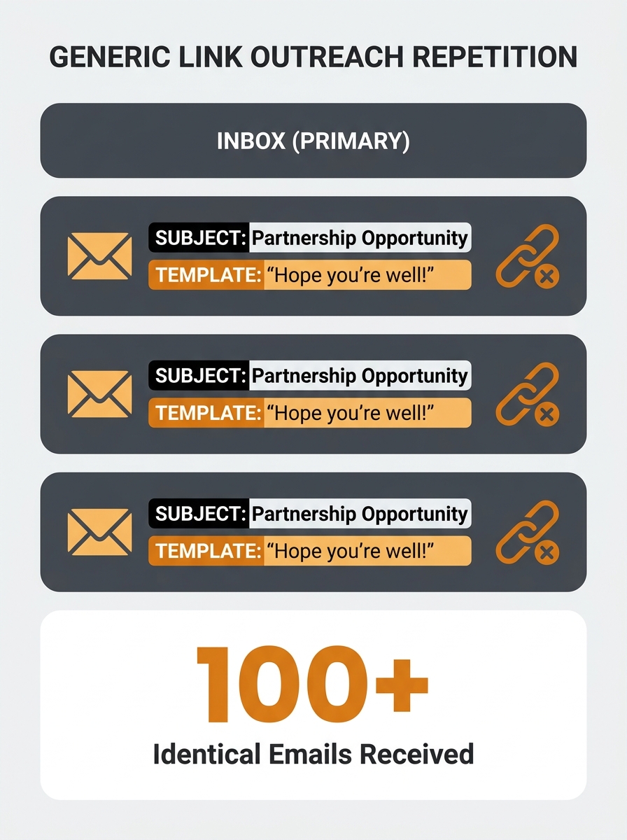 an email inbox showing multiple outreach emails with highlighted identical subject lines and template opening phrases, illustrating the repetitive nature of generic link building pitches