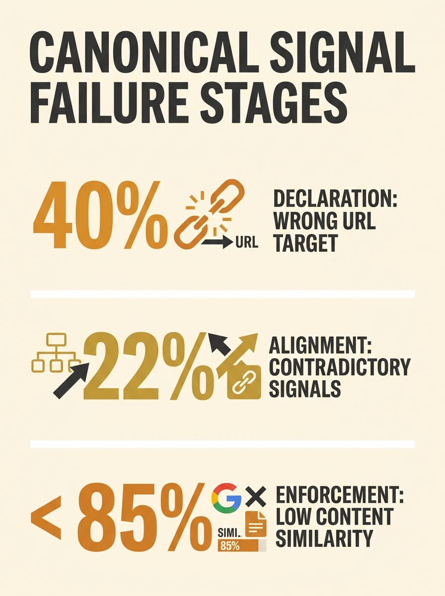 Infographic showing three stages of canonical signal failure with percentage impacts - Stage 1 Declaration showing tag exists but points to wrong URL with 40% authority dilution figure, Stage 2 Alignm