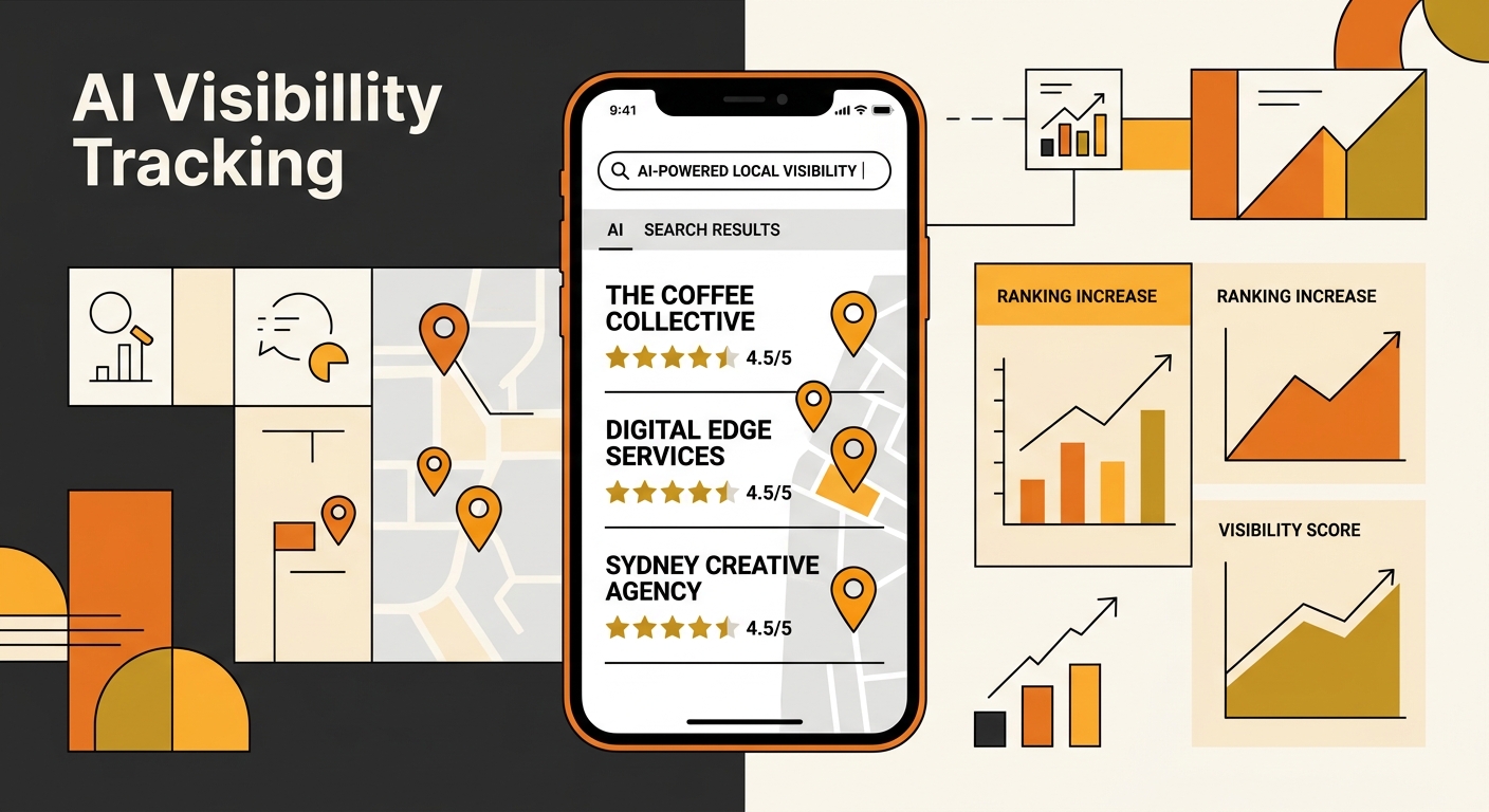conceptual illustration showing AI search results on a mobile phone displaying local business recommendations with map pins and star ratings, representing AI visibility tracking